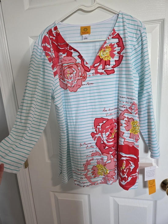 Ruby Rd. Tops - Ruby Rd. Mint-White Striped Long Sleeve Top with Red Floral Accents